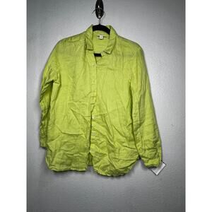 J.Jill Love Linen Shirt Top Neon Green Collared Button Front Long Sleeve Sz XS=